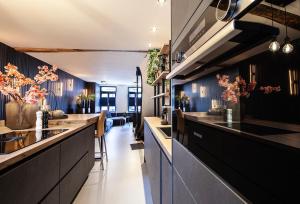 鲁尔蒙德Chambers Roermond的厨房配有黑色橱柜和长柜台。