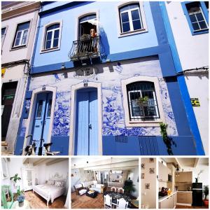 波尔蒂芒Charming Portuguese style apartment, for rent "Vida à Portuguesa", "Gaivota" Alojamento Local的蓝色建筑的两张照片拼贴