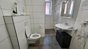 福森my Hostel Füssen的一间带卫生间和水槽的浴室