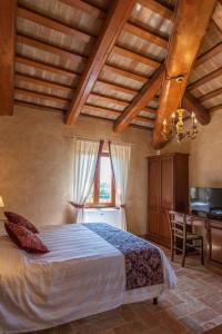 法诺Locanda di Montegiove的一间卧室配有一张床、一张书桌和一台电视