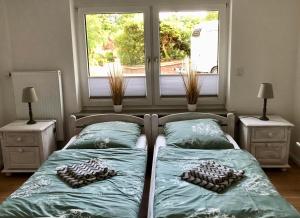 施内沃丁根am LaLoBe, Ferienwohnung的一间卧室设有两张床和窗户。