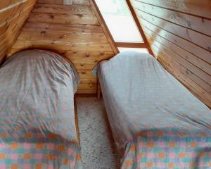 YlitornioKaremajat Special cottage的配有窗户的小木屋内的两张床