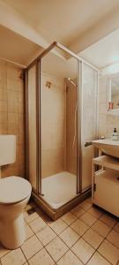 科隆Spacious & comfortable guestrooms w private bathrooms near Koelnmesse & Lanxess Arena, free parking, highspeed WiFi的带淋浴、卫生间和盥洗盆的浴室