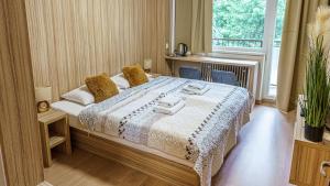 瓦赫河畔比斯特里察Hotel Garni的一间卧室设有一张床和一个大窗户