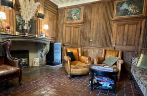 韦兹莱Les Glycines Vézelay的客厅配有两把椅子和壁炉