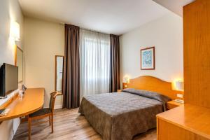 菲乌米奇诺Hotel Isola Sacra Rome Airport的配有一张床和一张书桌的酒店客房