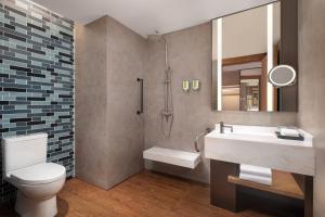 白银白银万枫酒店的一间带卫生间、水槽和镜子的浴室