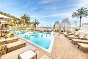 圣胡安包蒂斯塔El Somni Ibiza Dream Hotel by Grupotel的一个带躺椅的度假村游泳池,并种植了棕榈树