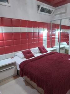 加格拉Гостевой дом ЛОНТАНА的红色和白色的卧室配有床和镜子