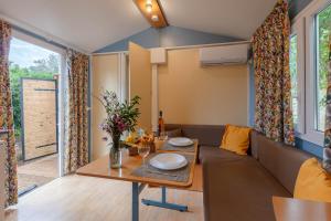耶尔La Doucette, mobil-home climatisé au cœur du vignoble et à 50m de la mer的客厅配有桌子和沙发