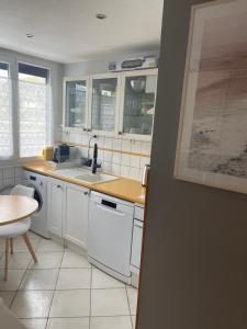 RhutLe mûrier - 2 chambres chez l'habitant的厨房配有白色橱柜、水槽和桌子