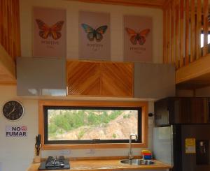 萨奇卡Mini Casa Villa De Leyva的厨房设有窗户,墙上挂着蝴蝶