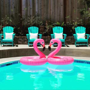 圣克鲁兹Sunny Cove Motel的游泳池里有两个粉红色的火烈鸟