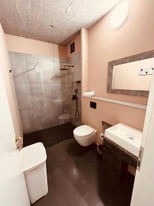 什未林Zweirad Hotel Lenne的浴室配有卫生间、盥洗盆和淋浴。