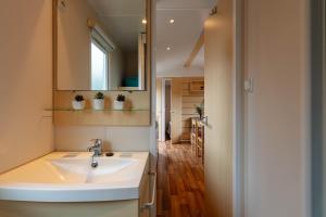 耶尔Le Photinia, mobil-home climatisé avec vue mer situé au cœur du domaine的一间带水槽和镜子的浴室