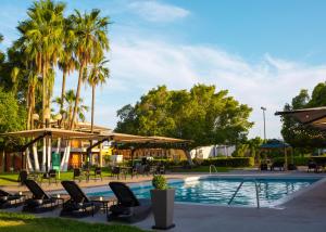 墨西卡利克罗尼尔墨西卡利酒店的一个带桌椅的游泳池,棕榈树