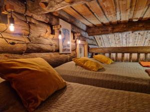 易拉斯加威Korpikelo的小木屋内一间卧室,配有两张床