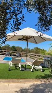 卡拉索纳CAN DAMIA 3的游泳池旁的两把椅子和一把遮阳伞
