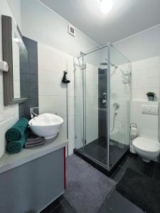 塞格德Hétvezér Penthouse Apartments的一间带玻璃淋浴和水槽的浴室