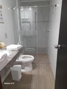 圣安德烈斯Hotel Mar de Corales By CAJASAI的一间带卫生间和玻璃淋浴间的浴室