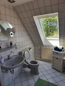 瓦尔斯罗德Pension Weidengrund的一间带水槽和卫生间的浴室以及窗户。