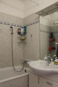 布达佩斯Apartment的浴室配有水槽、淋浴和浴缸。