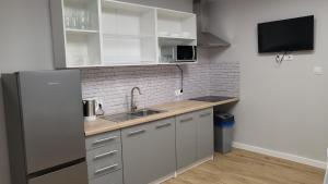 雷布尼克Central Platinum Apartments的厨房配有水槽和冰箱