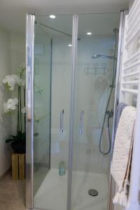 贝叶Pierre de Lune的浴室里设有玻璃门淋浴