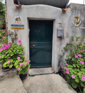 米诺利Eden tra i limoni的一座花粉色的建筑的绿色门