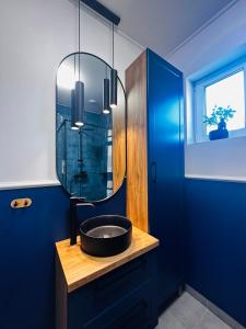 ŚliwiceBliżej Lasu的浴室设有黑色水槽和镜子