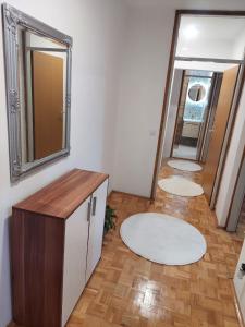 维舍格勒Apartman Minja的浴室铺有木地板,配有两面镜子。