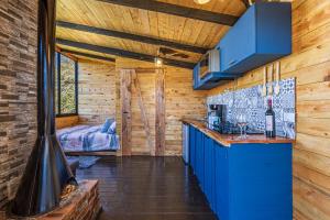 RivasTiny House Jaulares的厨房配有蓝色橱柜和炉灶。