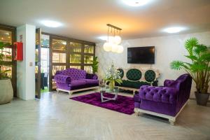 波哥大BLISS BOUTIQUE HOTEL BOGOTA的客厅配有紫色沙发和电视