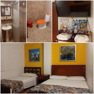 亚美尼亚Hotel Confortel的一张带两张床的卧室和一间浴室的三幅图片