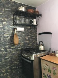 米纳斯Humilde espacio en el corazón de Minas的厨房配有炉灶和墙上的水壶。