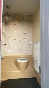 DrottningskärAspö Glamping的浴室设有墙上的带帆船的卫生间。