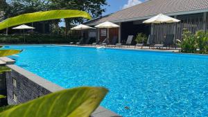 瓜埠Rebungan Resort Langkawi的一个带椅子和遮阳伞的大型蓝色游泳池