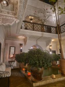 马拉喀什里亚德马拉喀什之夜酒店的大堂设有盆栽和蜡烛天花板