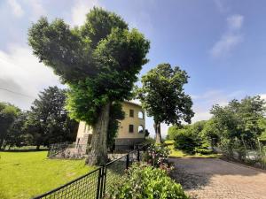 AndrateCasa in montagna con giardino privato recintato的房屋前的树,有栅栏