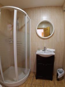 GúdarApartamentos Mirador的带淋浴、盥洗盆和镜子的浴室