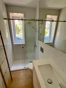 波尔图Uporto House Palace的带淋浴、卫生间和盥洗盆的浴室