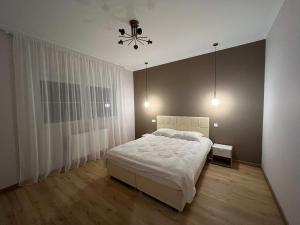 布鲁瓦Gîte « Les Basse des Grouets »的卧室配有白色的床和吊灯。