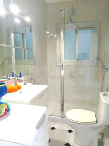 锡切斯Liliane Apartment的带淋浴、卫生间和盥洗盆的浴室