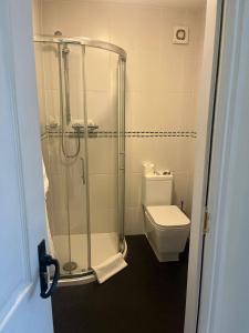 莱兰Charnock Farm Motel的带淋浴和卫生间的浴室
