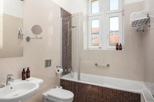 弗兰季谢克矿泉镇Harvey Spa Hotel的浴室配有盥洗盆、卫生间和淋浴。