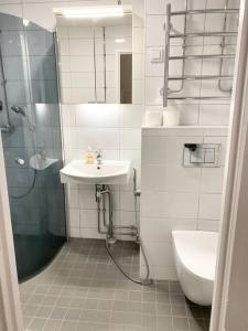 赫尔辛基MELLUNMAKI Renovated 3 bedroom apt next to metro的带淋浴、盥洗盆和卫生间的浴室