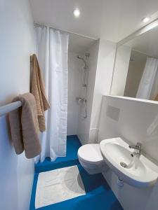 阿尔勒Auberge des Plaines - Appartements avec terrasse的浴室配有白色卫生间和盥洗盆。
