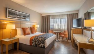克劳道金克拉尔特昂里弗艾山谷酒店的酒店客房配有一张床、一张书桌和一台电视。