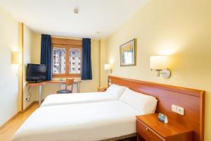 索里亚Hostal Alda Río Duero的酒店客房配有一张床、一张书桌和一台电视。