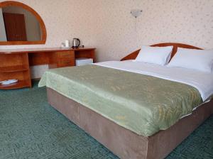弗拉基米尔-沃伦斯基Volyn HOTEL LUDMIR的一间卧室配有一张大床和镜子